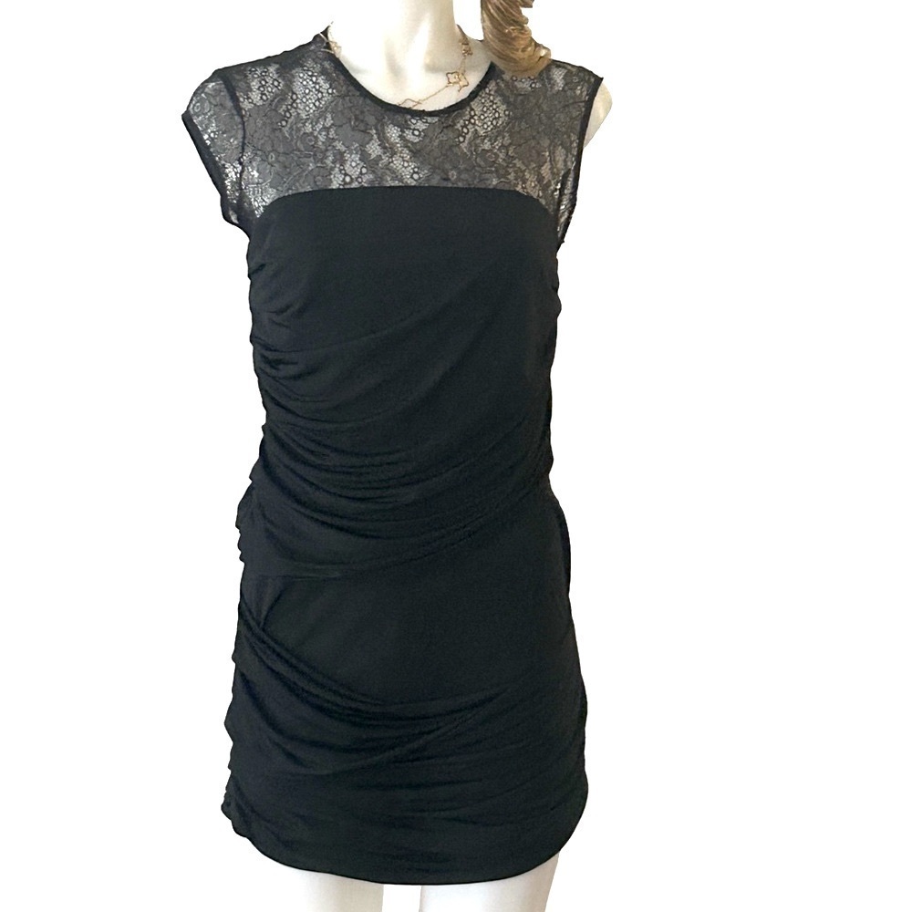 IRO Black Mini Dress Size Medium Crew Neck Cap Sleeve Lace Trim - Picture 2 of 16